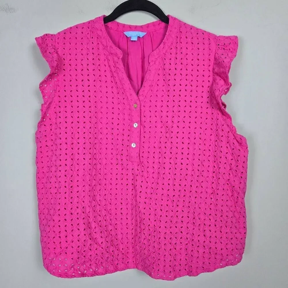 Draper James Womens Eyelet Ruffle Top Sz XXL Pink Sleeveless Boho Peasant Preppy - Picture 1 of 7